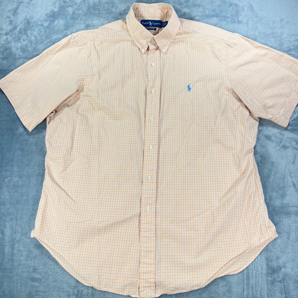 Ralph Lauren Classic Fit Mens XL Orange Blue Check Short Sleeve Button Down